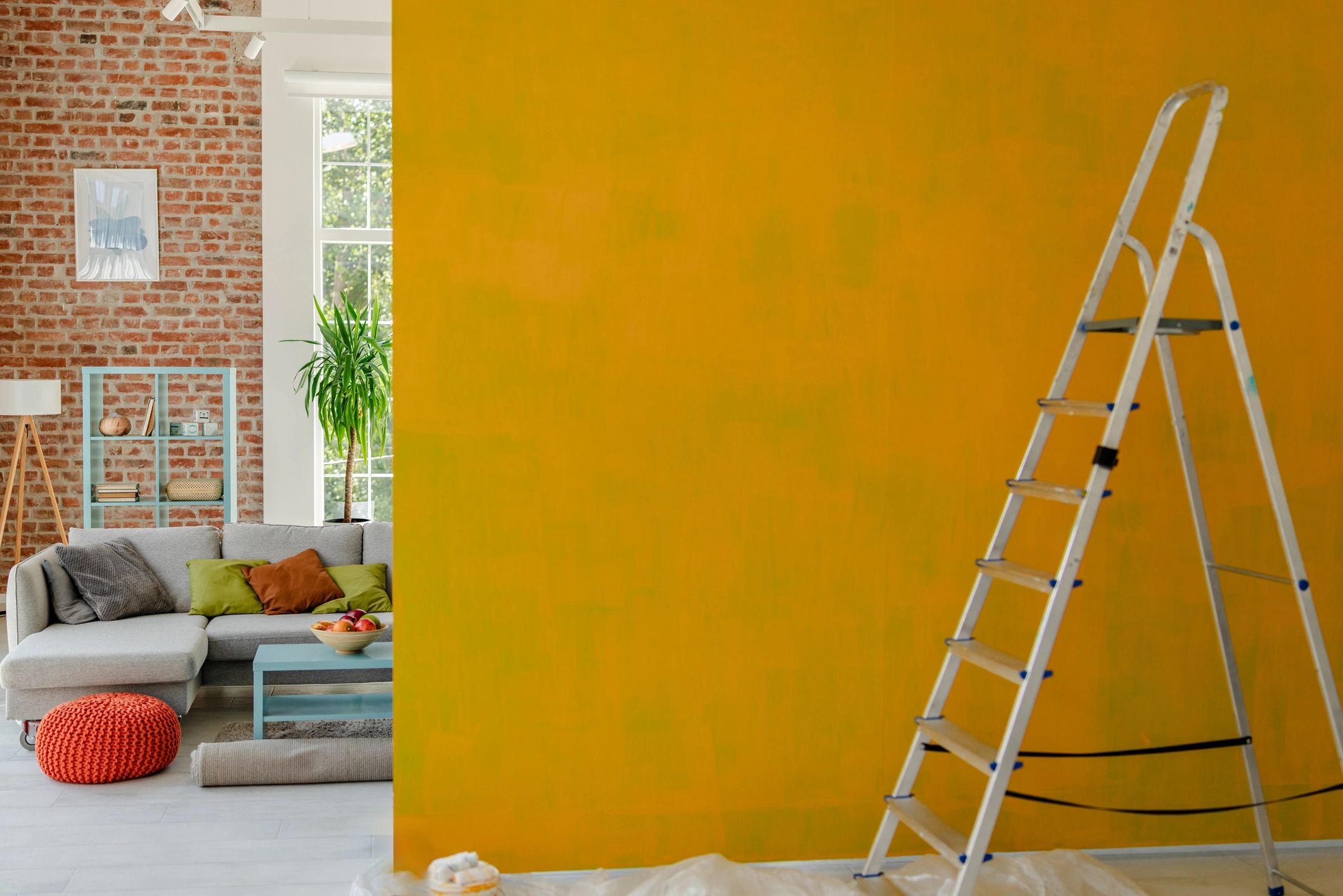 Freshly painted interior wall in a bright living space